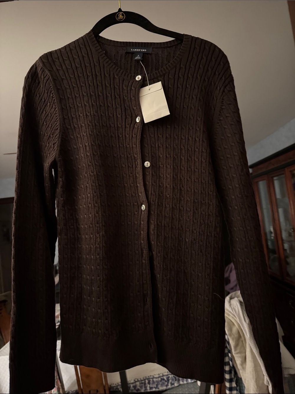 Lands' End Men's Dark Brown Cable Cardigan